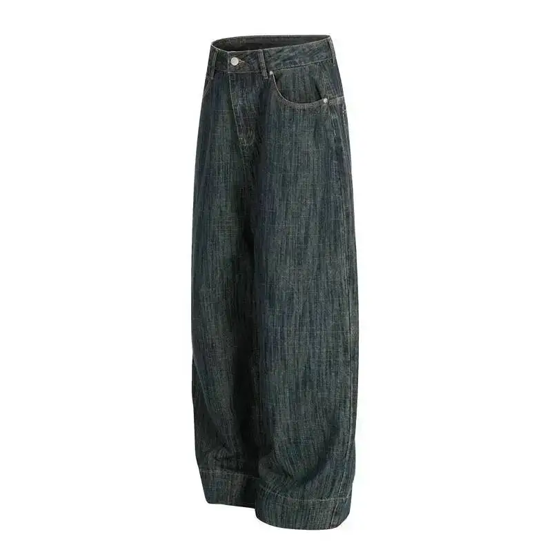 Unisex Vintage Striped Wide Leg Jeans American High Street Washed Distressed Curved Baggy Denim Long Trousers RQFF