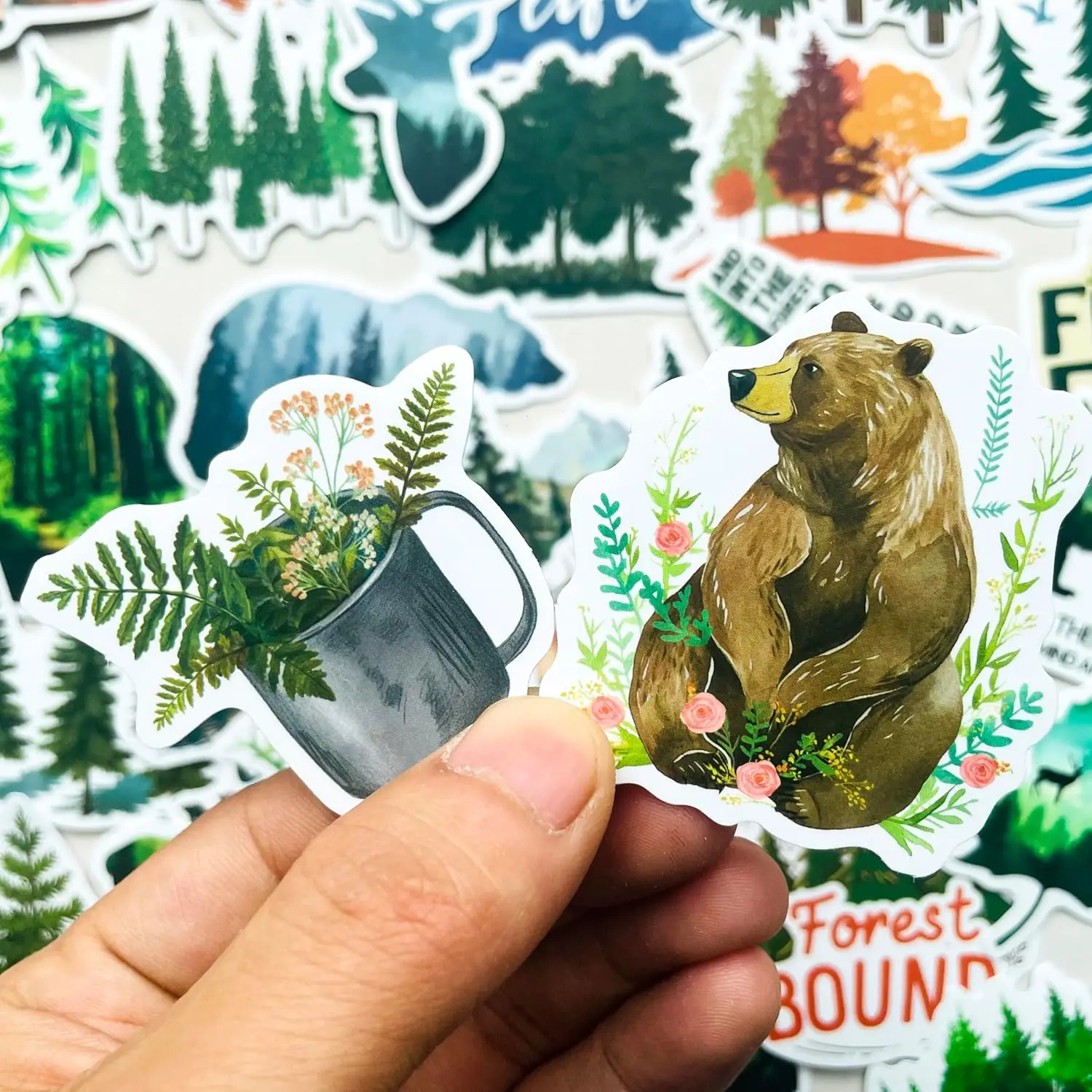 50PCS Forest Nature Stickers Waterproof Green Vinyl Decals Watercolor Tree Deer Bear Fox DIY Stickers for Scrapbooking Laptop