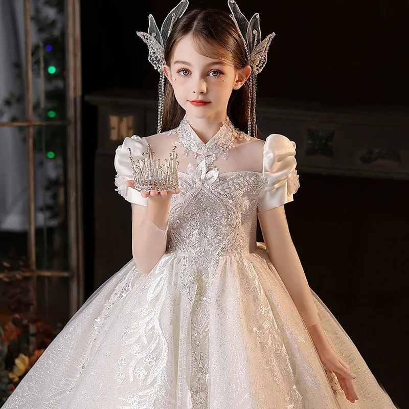 

2024 Luxury Royal Party Dress for Girls Teenage Girl Elegant Sequins White Evening Dresses Children Gala Ball Gown Kid Partywear