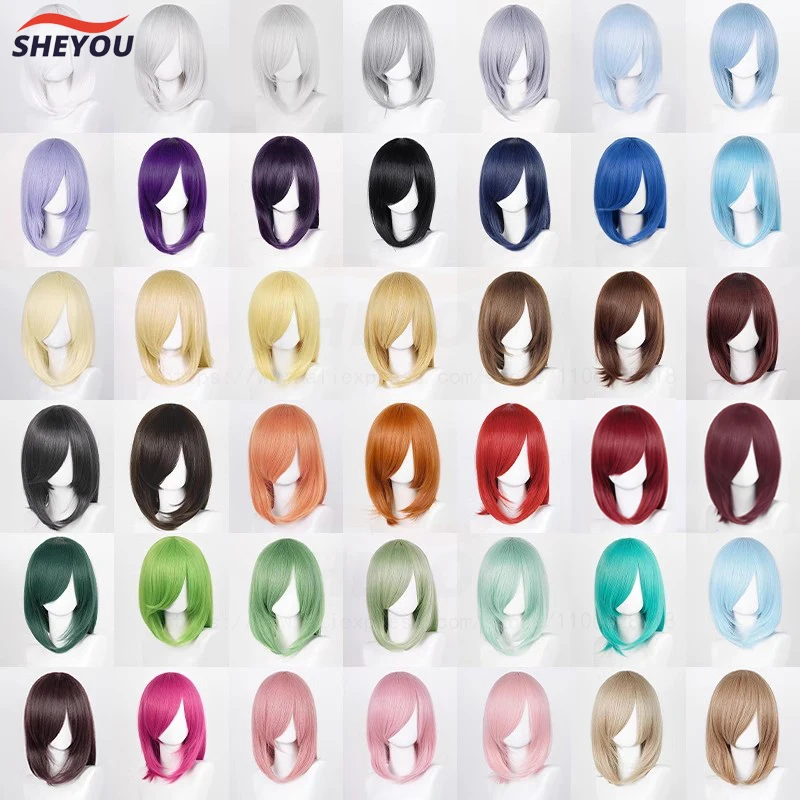 Anime 40cm Medium Basic Bang Cosplay Wig Blond Black White Red Pink Green Brown Gold Blue Heat Resistant Synthetic Hair Wigs