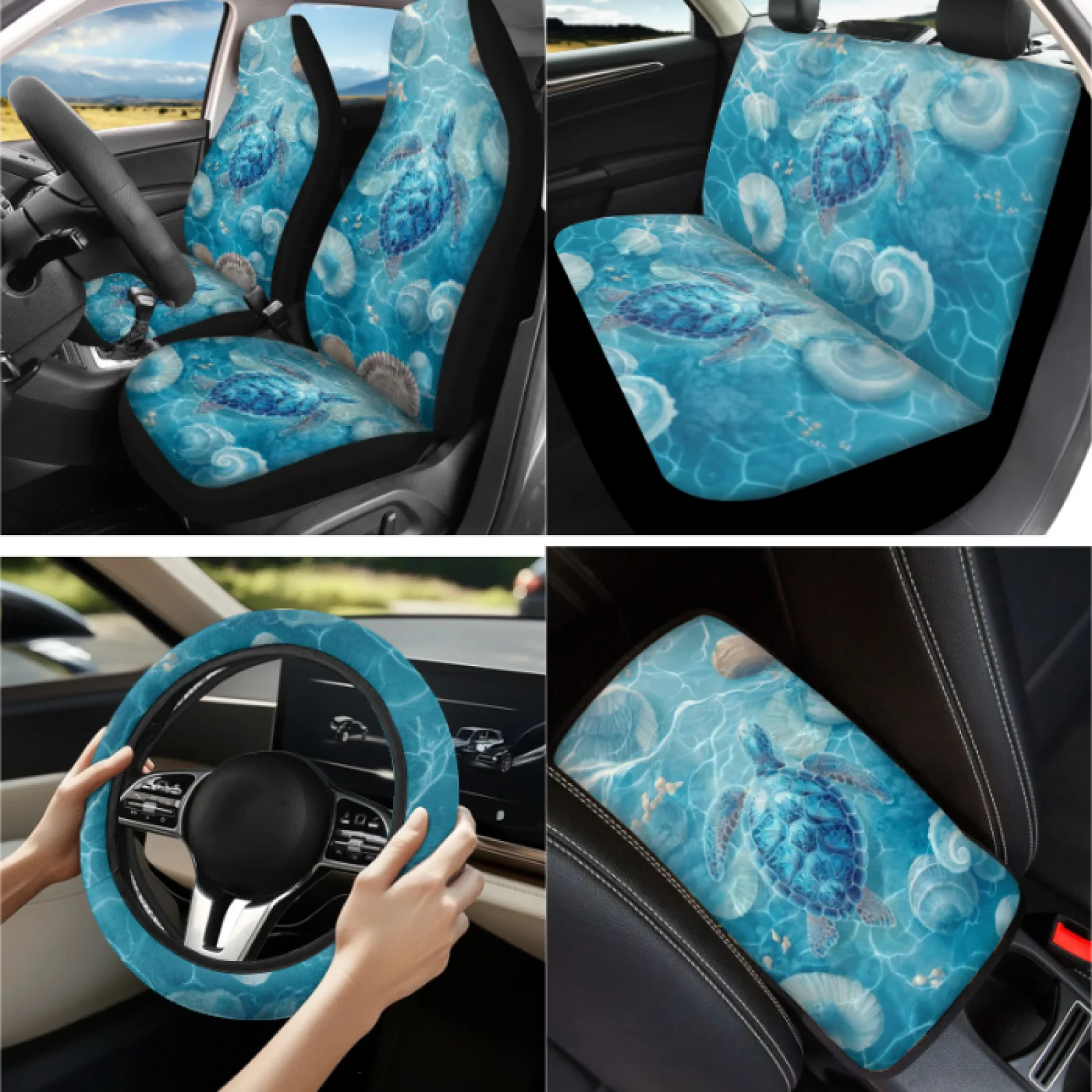 Coloranimal Turtle Set of 13 Auto Accessory with Breathable Steering Wheel Cover and Key Ring for Auto Interior