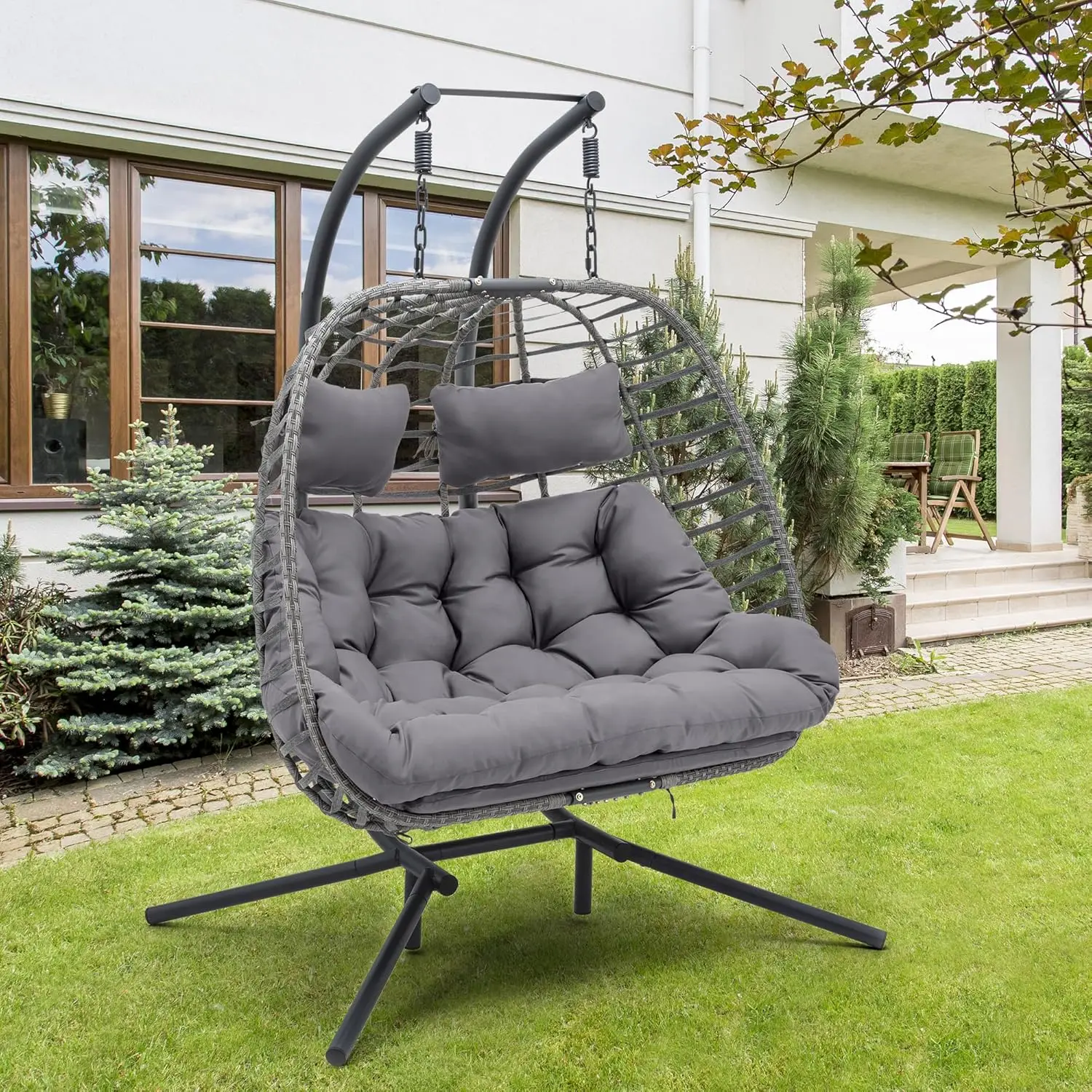 

Egg Swing Chair with Stand for Outdoor, Patio Hand Made Rattan Wicker 2 Double Hanging Egg Chairs Hammock Chair, Porch Swing