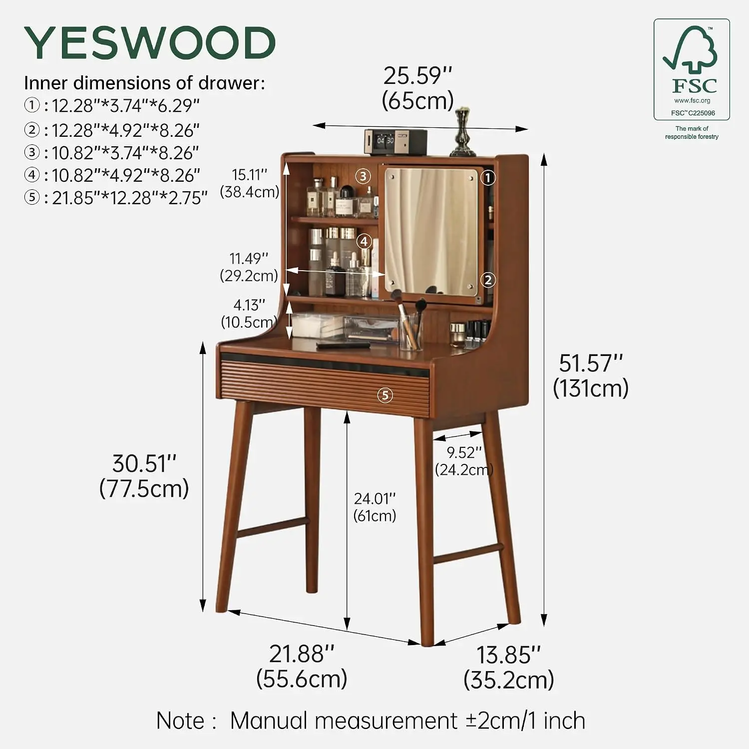 Small Wood Vanity Desk with 180° Swivel Mirror & Movable Drawer Divider for Bedroom, 22