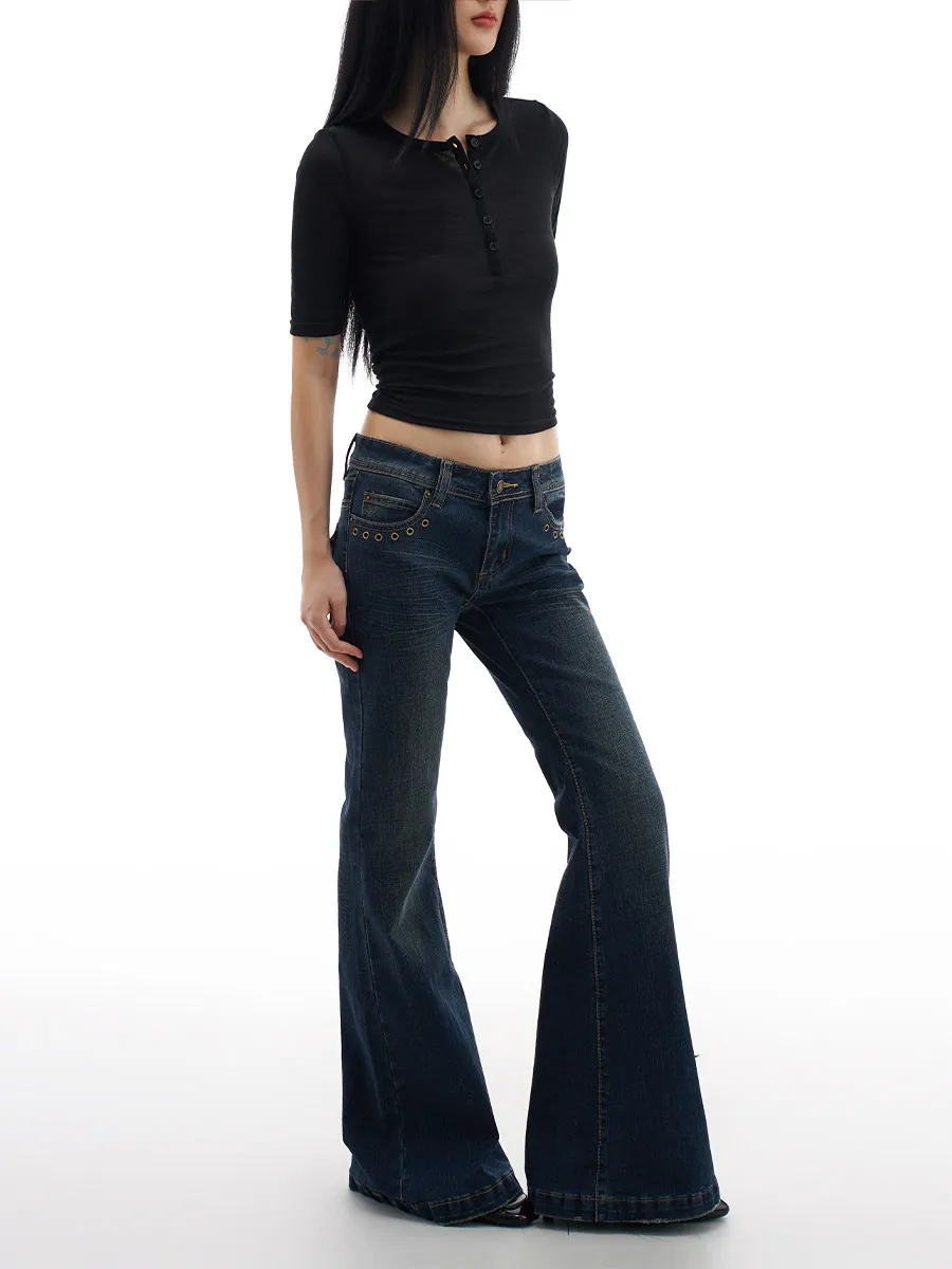

American Retro Rivet Design Low Waist Slightly Flared Jeans for Women's Spring Autumn New Elastic Slimming Pants for Spicy Girls