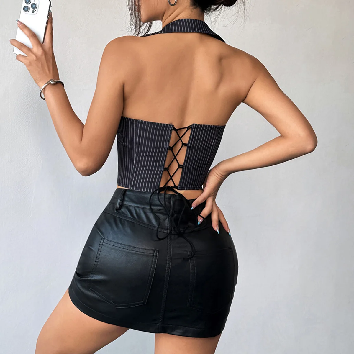Sexy Lace Trim Striped Corset Y2K Halter Neck Tank Tops Women Shaper Bustier Backless Lace Up Going Out Crop Tops Club Party Top