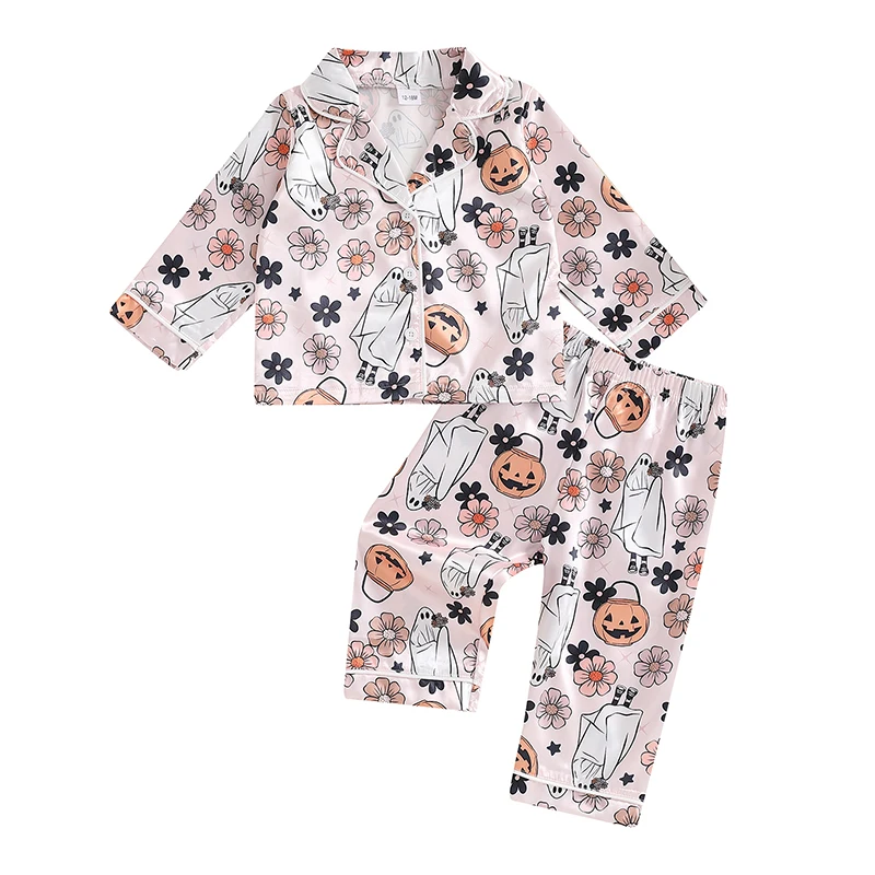 Kids Halloween Pajamas Toddler Baby Girl Pumpkin Ghost Button Down Shirt Pants Sleepwear Loungewear Satin PJs Set