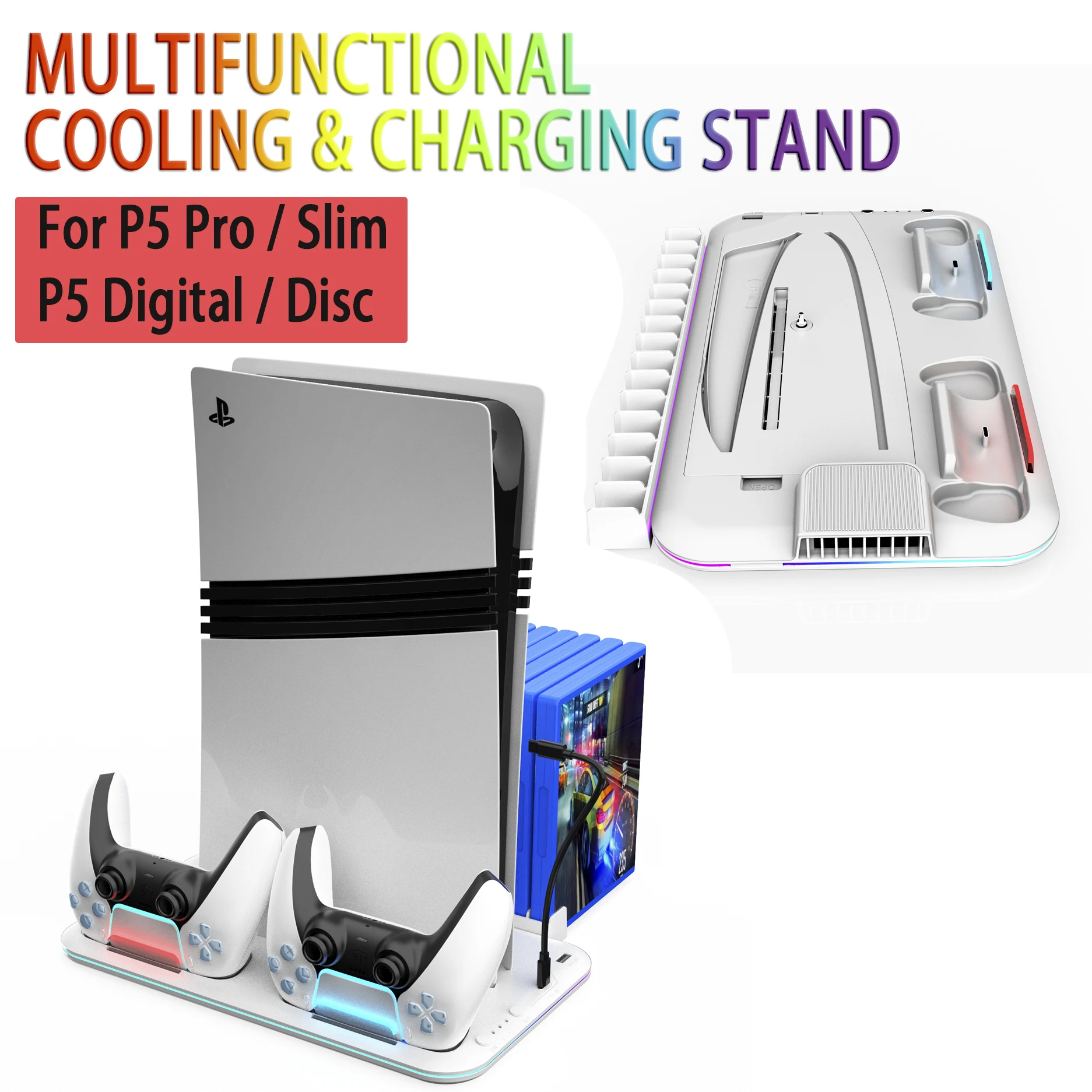 

Ультратонкая RGB-подставка с охлаждением для PS5 Pro/Slim/Digital/UHD, 3-скоростной турбо-кулер с зарядкой для контроллера и хранилищем для игровых дисков