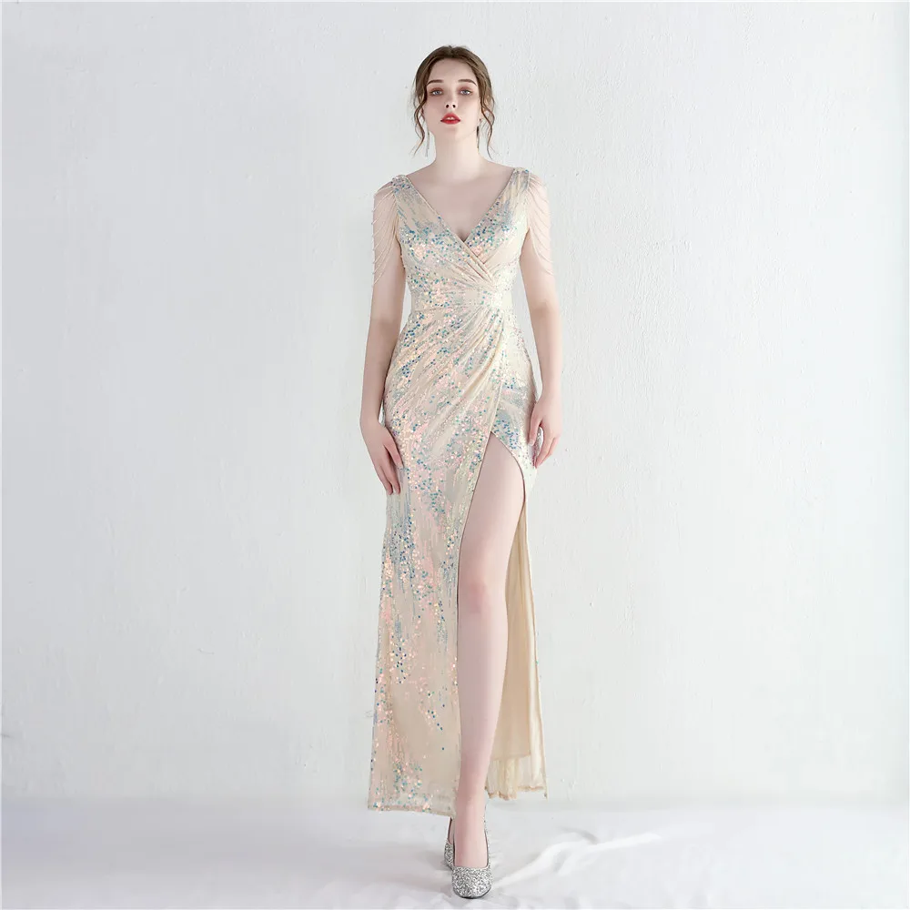 The New Sparkling Beaded Sequins Dress Ladies Banquet Temperament Split Long V-Neck Aura Queen Dinner Fishtail Skirt