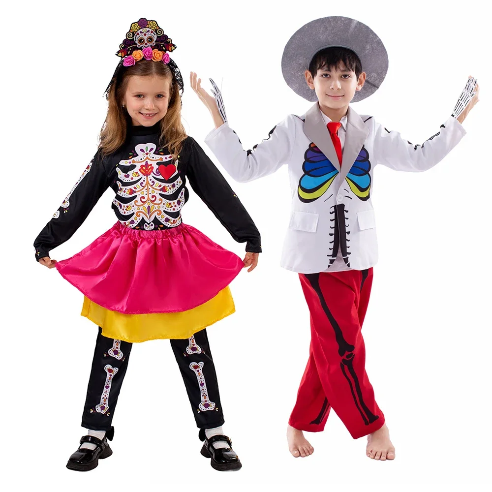 Disfraz del Día de los muertos para niños y niñas, disfraces terroríficos, vestido elegante con calavera de azúcar, disfraces de esqueleto para el Día de los muertos