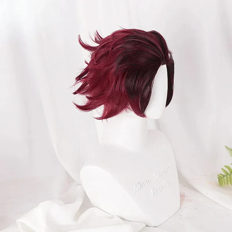 Peluca de Cosplay Kamado Tanjirou, peluca rizada corta sintética de color rojo oscuro, disfraz de Anime Demon Slayer, peluca de alta calidad para fiesta diaria