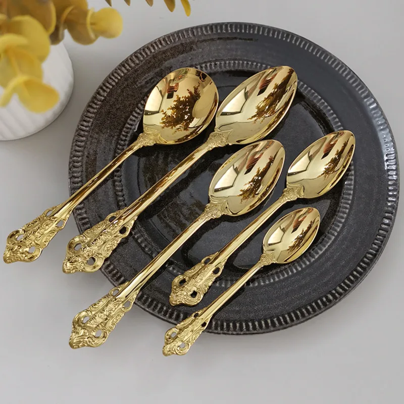 Luxury Golden Spoon Vintage Coffee Spoon Stainless Steel Mini Teaspoons Sugar Dessert Spoon Ice Cream Soup Spoon Kitchen Tools