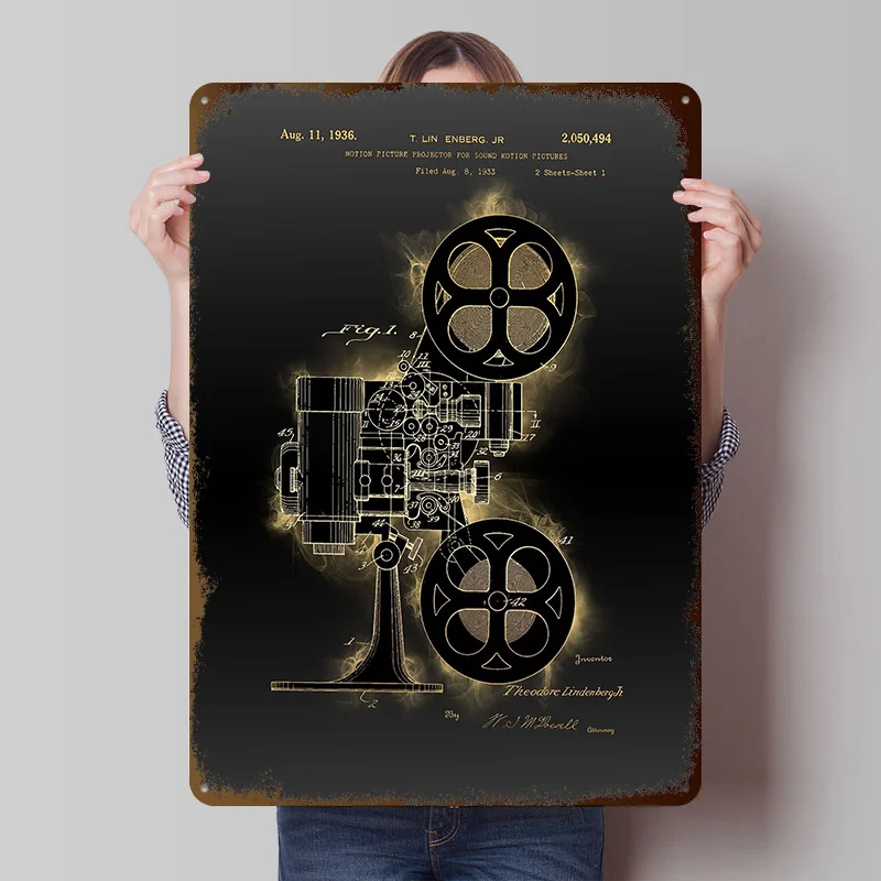 Motion Projector Patent Tinplate Posters Customizable Wall Art Retro Vintage Metal Signs for Home Room Office Decoration Gaming