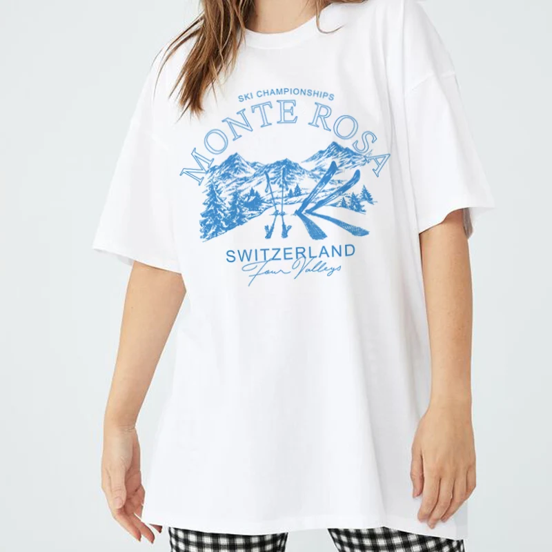 Ski Monte Rosa Letter Print Casual Short Sleeve T-Shirt Women Cotton Oversized Vacation T Shirt Travel Graphic Tees Cute Tops