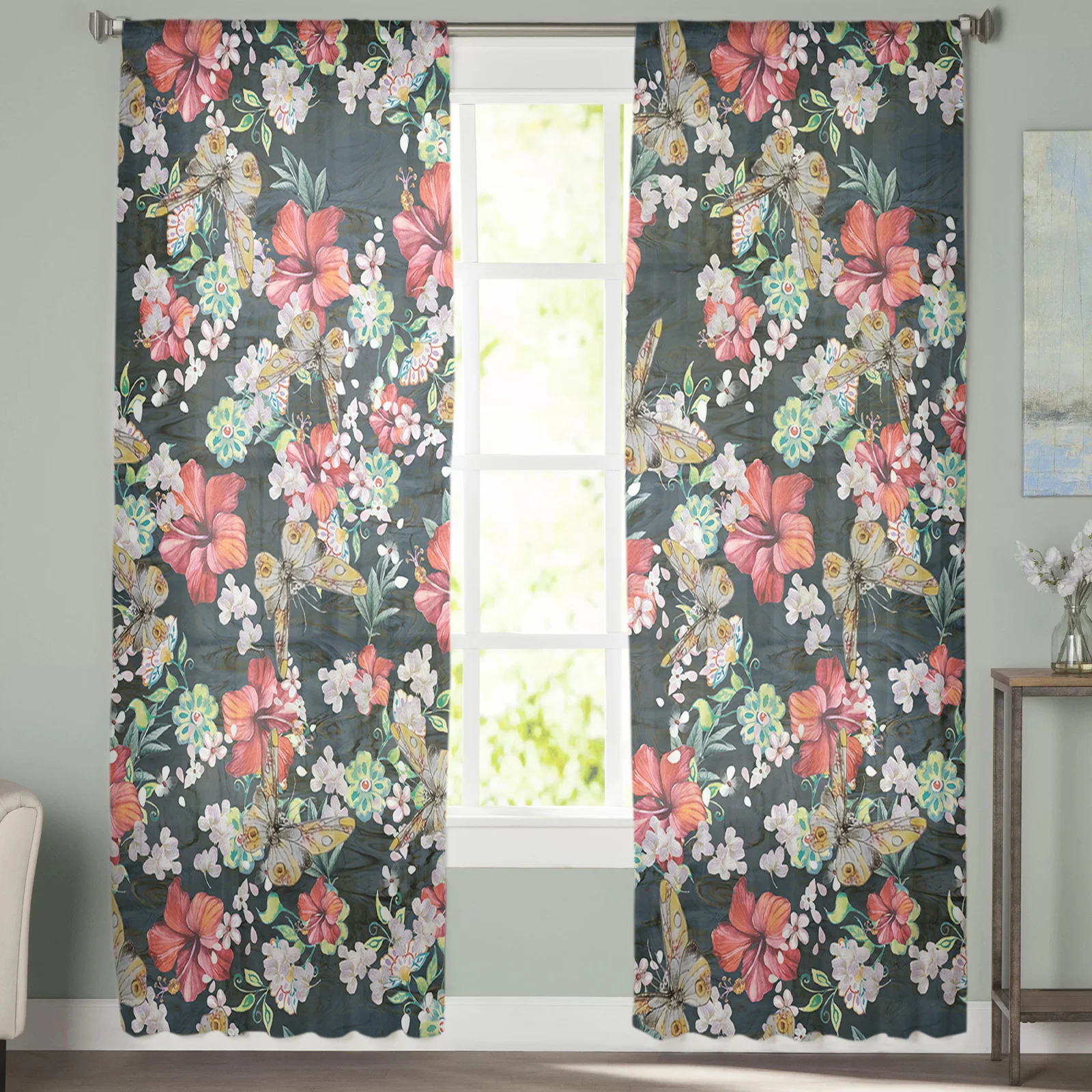 Vintage Overlapped Flowers Butterfly Green Leaves Tulle Curtains for Living Room Chiffon Voile Sheer Window Curtain for Bedroom