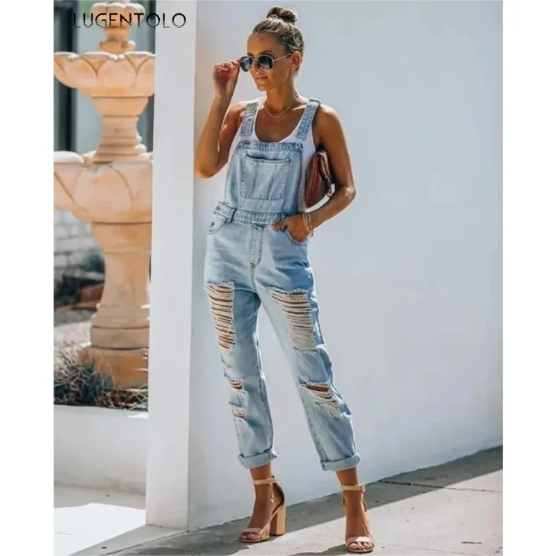 المرأة الدنيم حللا مثير ممزق Y على شكل حزام الكتف مستقيم اسطوانة جيوب مريلة السراويل موضة شارع العليا ملابس الحفلات