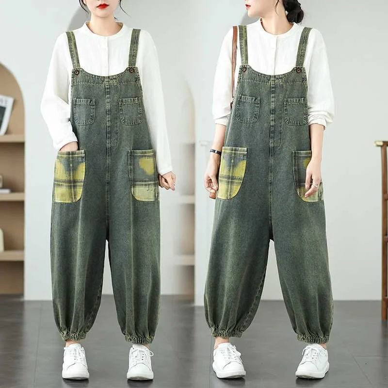 Tuta di jeans con giunture a griglia per la primavera autunno 2025 Nuova tuta retrò a gamba larga da donna Pantaloni Harem larghi versatili alla moda