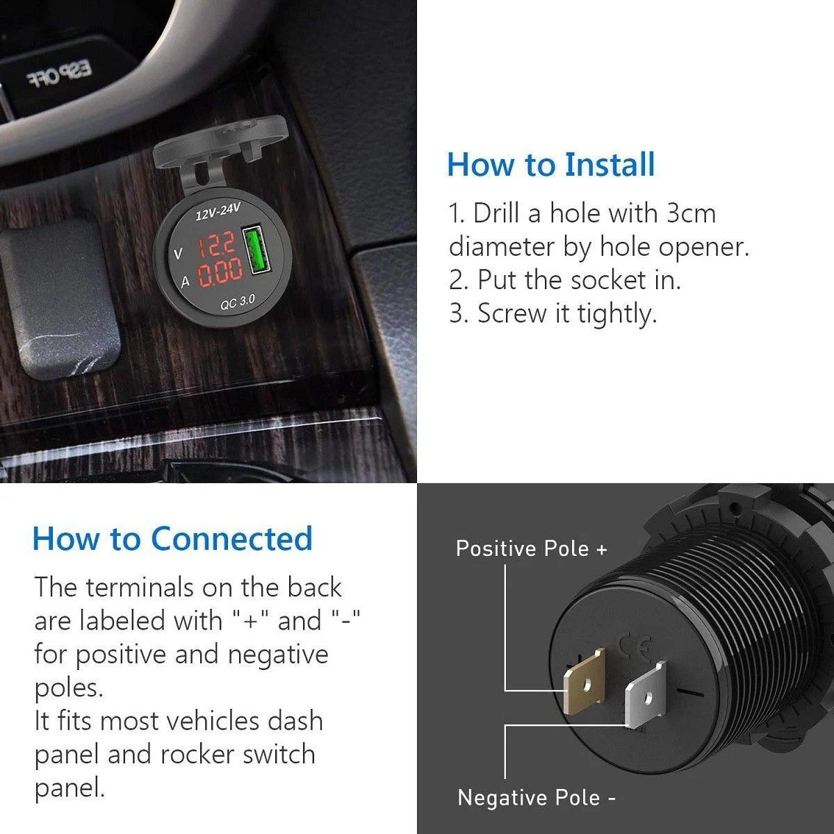 Imagem -06 - Carregador Usb para Isqueiro do Carro Carregamento Rápido Voltímetro Led Amperímetro Preto e Verde 3.0 12v 24v