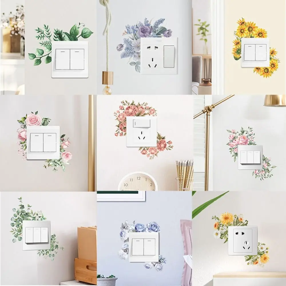 Elegant Plant Flower Switch Sticker Flower Wall Art Green Leaves Plants Sticker Self-adhesive PVC Living Room