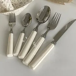 Imitation Leather Handle Stainless Steel Knife Fork Spoon Set Korean Style Western Tableware Household Spoon Knife Fork SetZD556