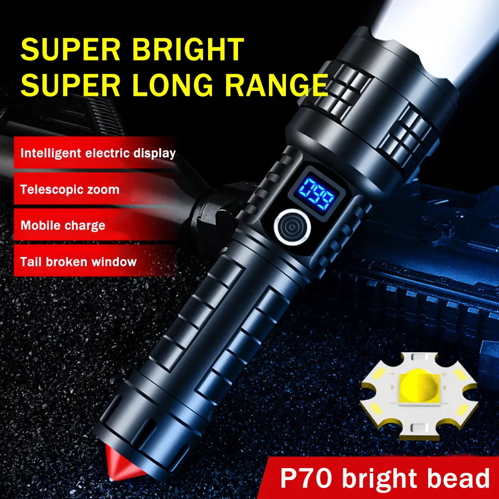 Tactical Zoomable 30W P70 LED Flashlight USB Rechargeable Lantern Car Emergency Tool Safety Hammer Torch Outdoor Mobile Power