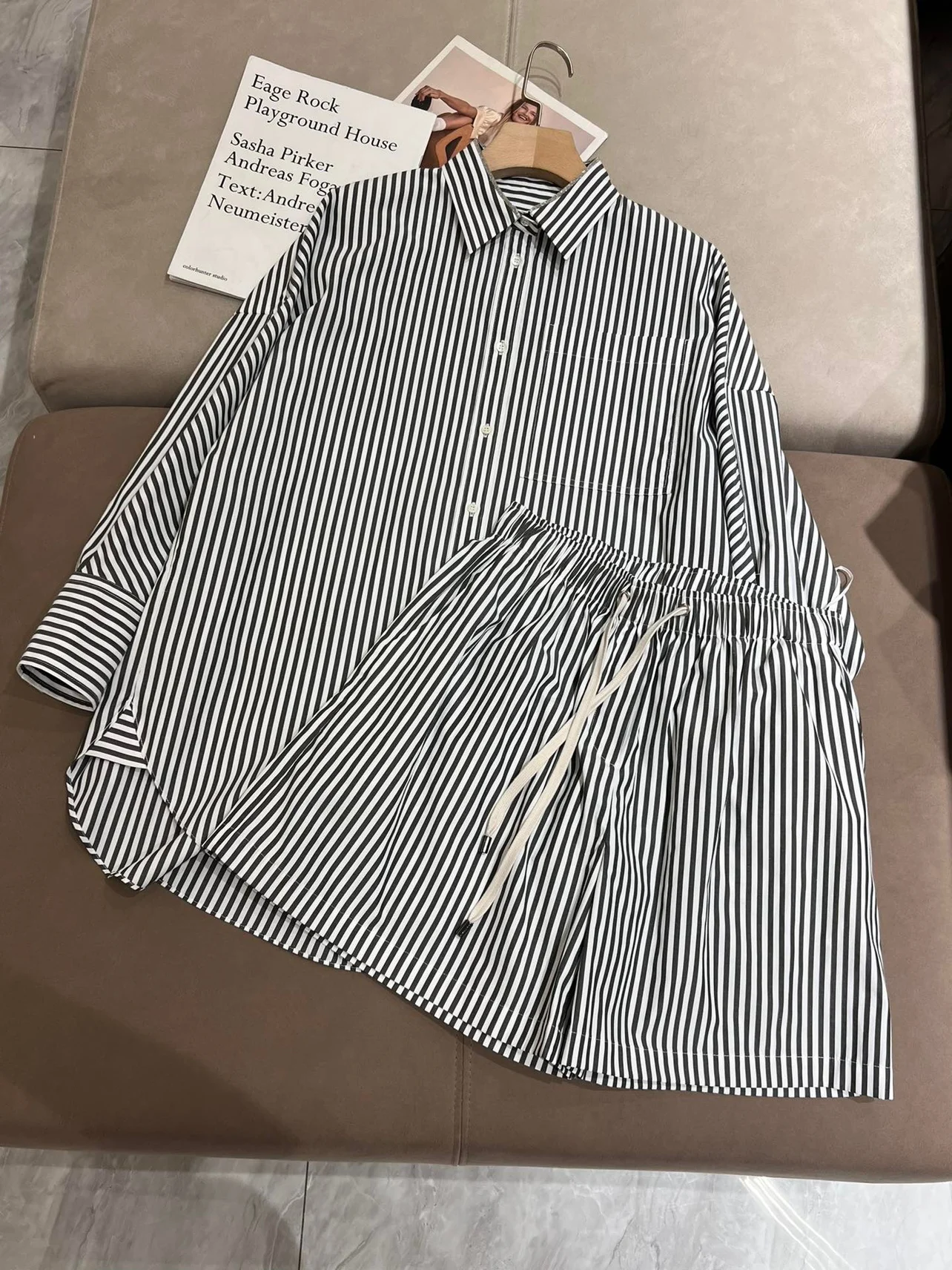 Spring  Women's Shorts Set Cotton Stripe Shirt Top + High Waist Shorts 2 Piece Set Blouse Summer Woman Clothing