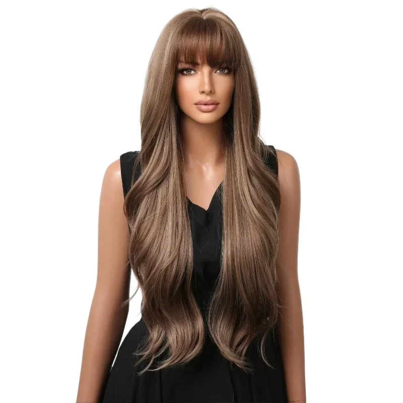 Women's bangs wig brown long curly hair natural fluffy full head chemical fiber wig smooth
