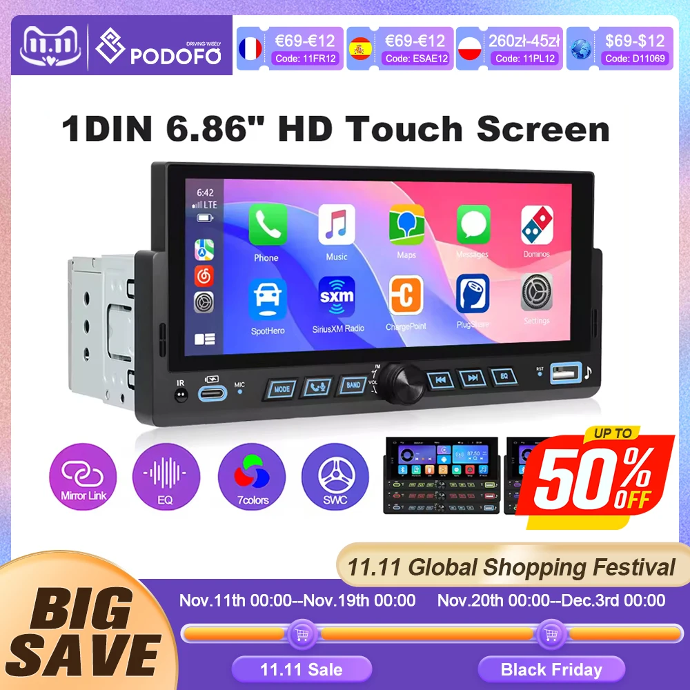 Podofo 'راديو السيارة 1Din مشغل MP5 لاسلكي Carplay أندرويد مشغل وسائط متعددة Type-C USB FM/RDS مرآة حبر ستيريو السيارة #1