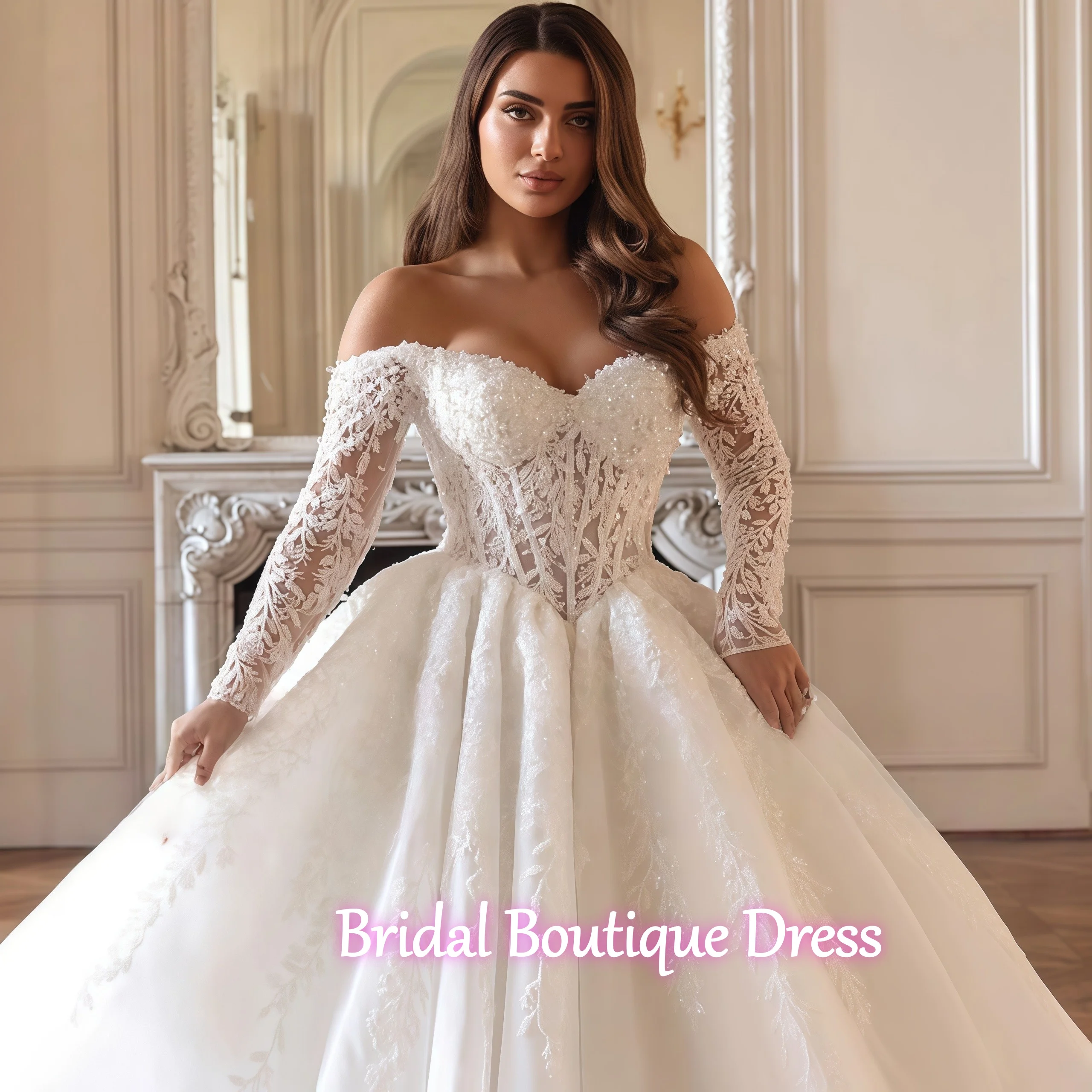 맞춤형 고급스러운 스위트하트 레이스업 볼 가운 웨딩 드레스 정교한 아플리케 자수 긴 소매 공주 신부 드레스