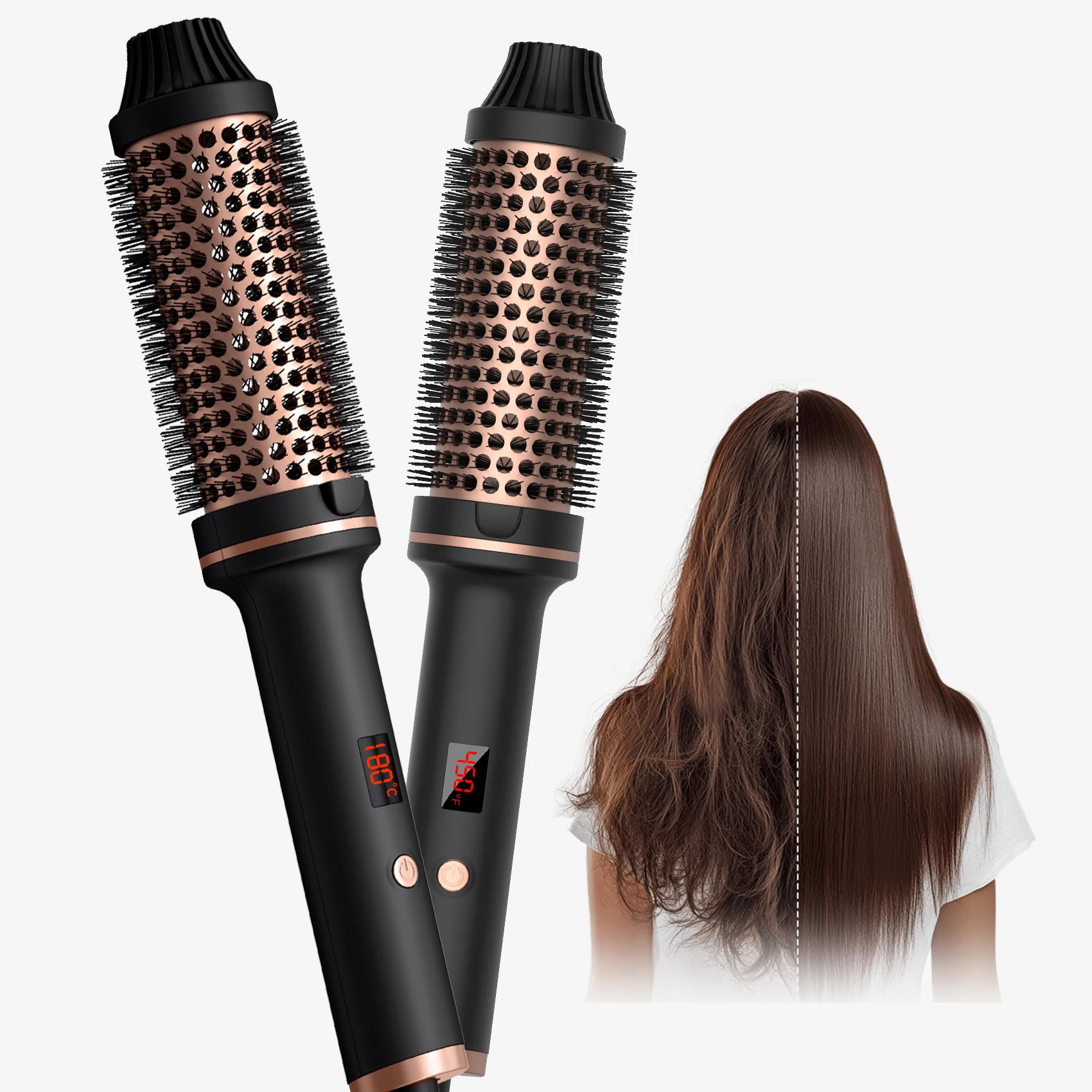 Electric Ceramic PTC Fast Heating Straightener Brush Portable Ionic Round Hot Hair Brush with LCD Temperature Display