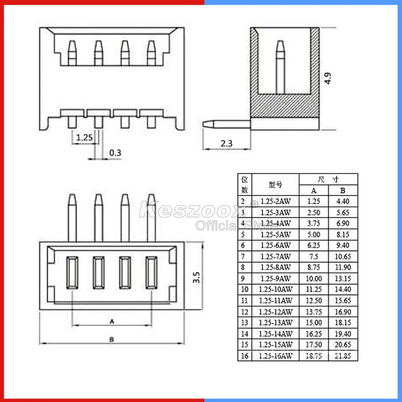 Keszoox Molex 1.25mm Horizontal Socket 53048-02/03/04/05/06/07/0810 Connector Terminals SMD Header Connector Wire Adaptor