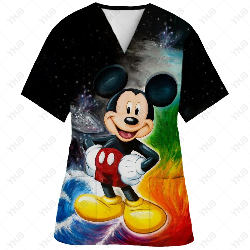 Women Nursing Clothing Disney Minnie Mickey Print Nursing Scrubs T-Shirt Tops Casual Short Sleeve V-neck Pocket Women Uniform