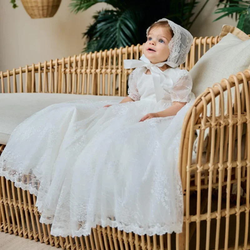 Robes de bébé blanches à fleurs pour filles, appliques en dentelle de tulle, manches courtes, mariage, fête d'anniversaire, robe de première communion