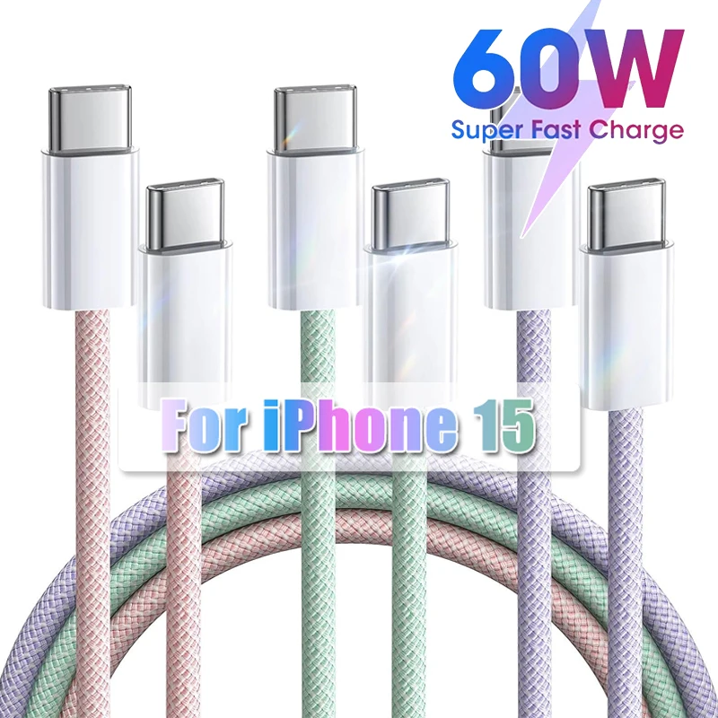 USB-C To Type C Color Cable for iPhone 15 Pro Max 15 Plus Mini PD 60W Fast Charging USB C Weaving Cable for iPad Pro 1/1.5/2M