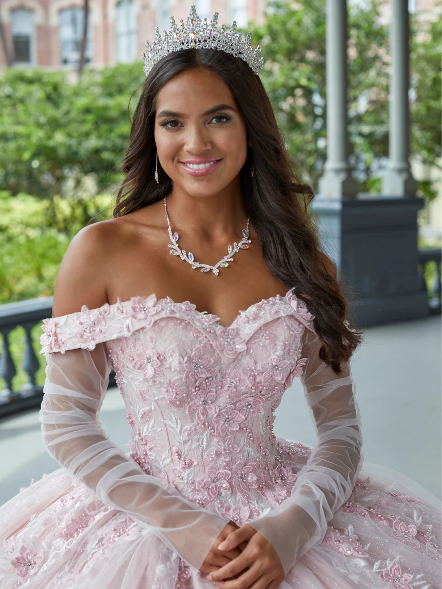 Lorencia vestido rosa de manga comprida Quinceanera, vestido de baile, apliques de renda, princesa, doce 16, 15 anos, 2023, 2023