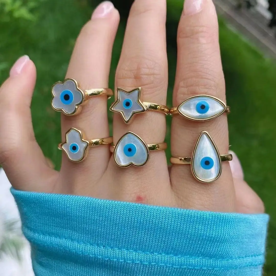 10PCS, New Copper Lucky Blue Eye Star Heart Ring For Women Charm Women Adjustable Shell Hamsa Hand Finger Ring Gold Jewelry Gift