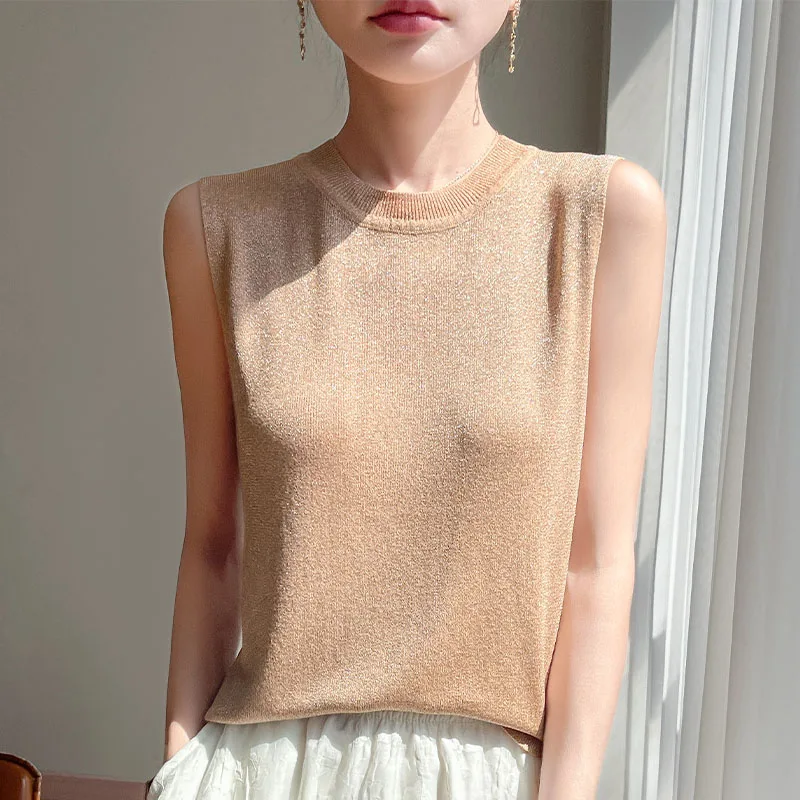 ฤดูร้อนคลาสสิกรอบคอเสื้อแขนกุดผู้หญิงถักผ้าไหมน้ําแข็งเสื้อกั๊ก Cool และ Breathable คุณภาพสูง Soft Tops