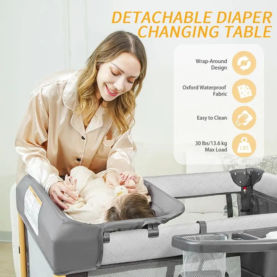 سرير سرير بجانب السرير مع إعداد يد واحدة 5 في 1 حزمة قابلة للطي وتشغيل للسفر، سرير أطفال محمول مع إعلان مبدل الحفاضات