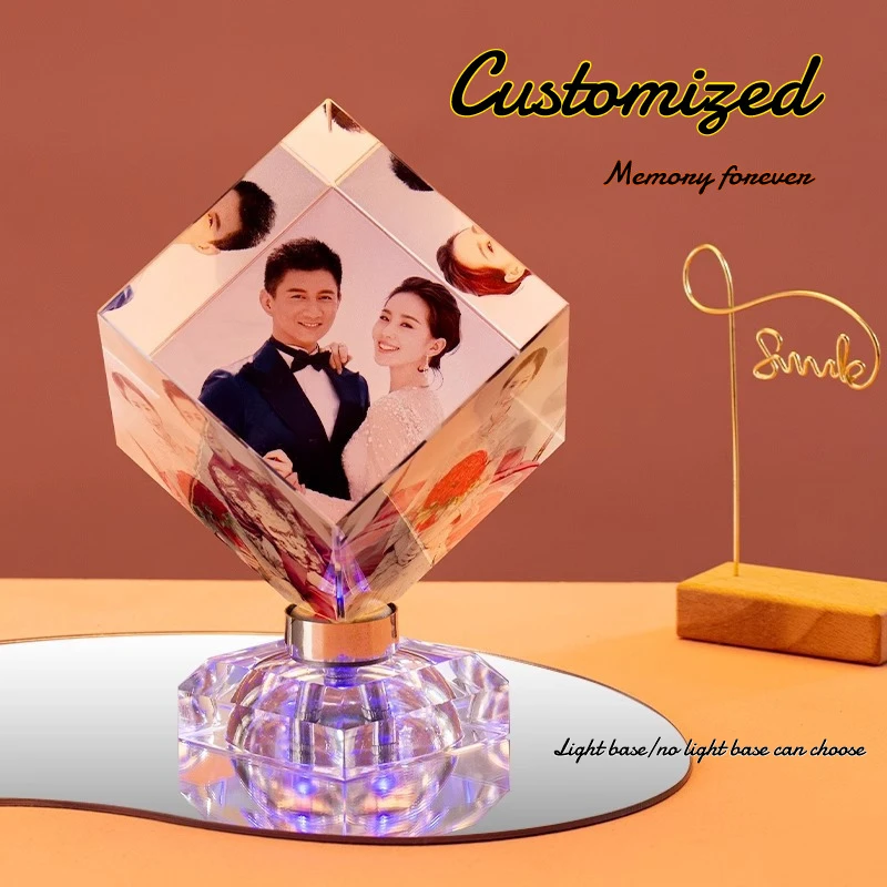 [Customized] 3 Pictures Crystal Cube Photo Rotating Tabletop Color Printing for Wedding DIY Creative Gift for Girlfriend Bestie