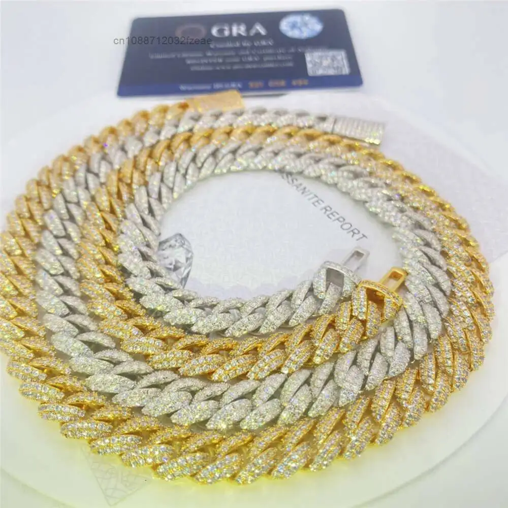 Luxury Iced Out 10mm Diamond Gold Cuban Link Chain 925 Sterling Silver 2 Rows Moissanite Cuban Chain Hip Hop Jewelry Necklace Br