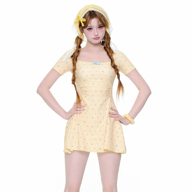 Fashion Retro Dot Yellow Swimsuit Two-piece Set Fitted Waistline Dress Boxer Shorts Cute Sweet Style Swimwear