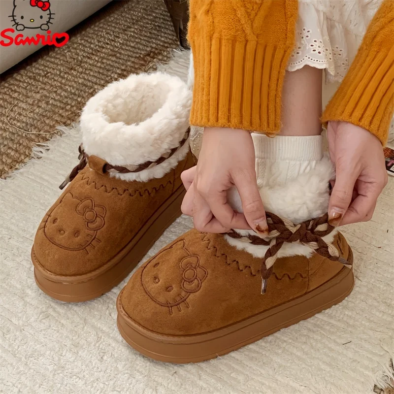 Sanrio Hello Kitty Snow Boots Winter Girl Plush Snow Booties Keep Warm Slippers Shoes Non-Slip Sneaker Outdoor Warmth Snow Boot