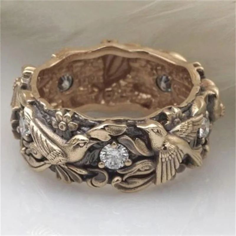 Vintage Inlaid White CZ Women's Ring Ethnic Gold Color Hand Carving Bird Daily Wear Party Jewelry Anniversary Gift