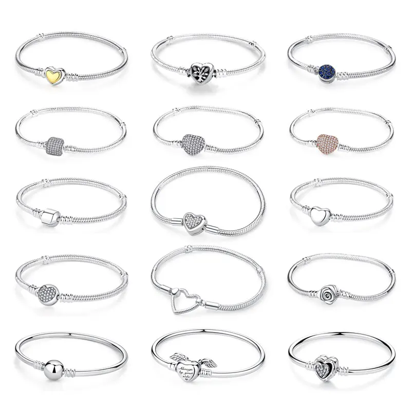 Pulseras de plata de ley 925 originales, brazaletes con Clip de corazón de amor, cuentas, cadenas de serpiente para mujer, joyería de lujo DIY de oro rosa