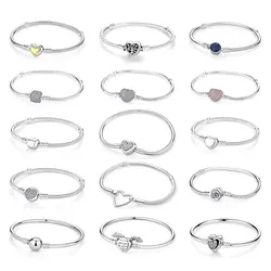 Original 925 Sterling Silver Bracelets Bangles Love Heart Clip Charms Beads Snake Chains For Women Rose Gold DIY Luxury Jewelry