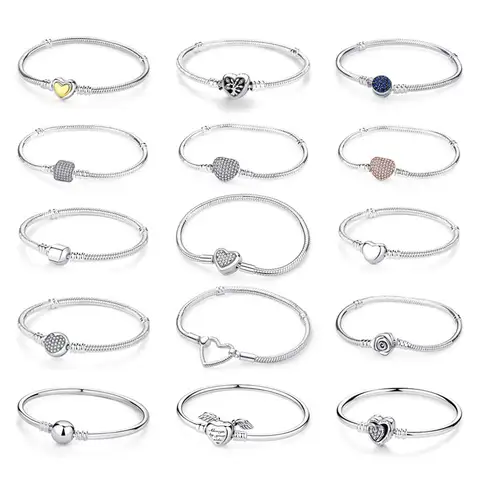 Original 925 Sterling Silver Bracelets Bangles Love Heart Clip Charms Beads Snake Chains For Women Rose Gold DIY Luxury Jewelry