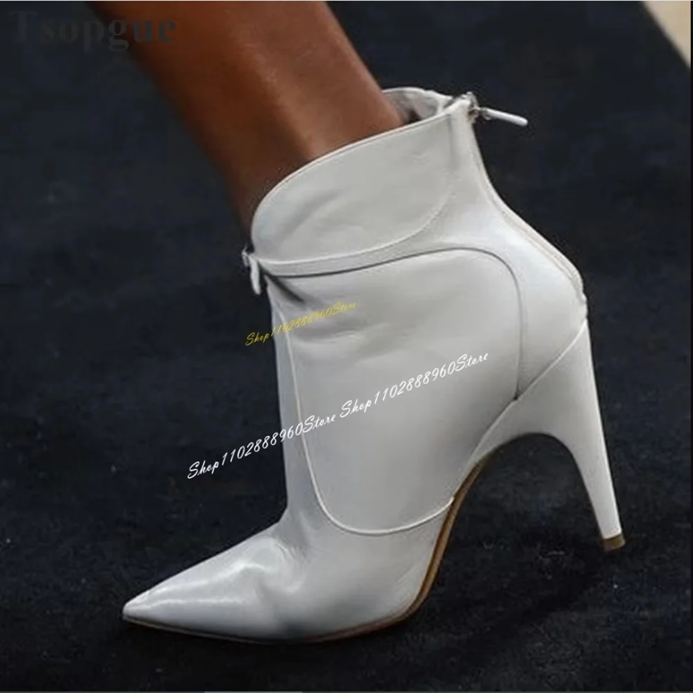

White Buckle Strap Leather Pointy Ankle Boots Thin High Heel Shoes For Women Back Zipper Pointed Toe Casual Stylish Women Boots