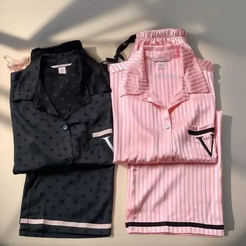 

Women's silk pajamas two-piece set long sleeve Champagne Pink striped satin high-end home clothing VS Pajama Celebrity Nightwear