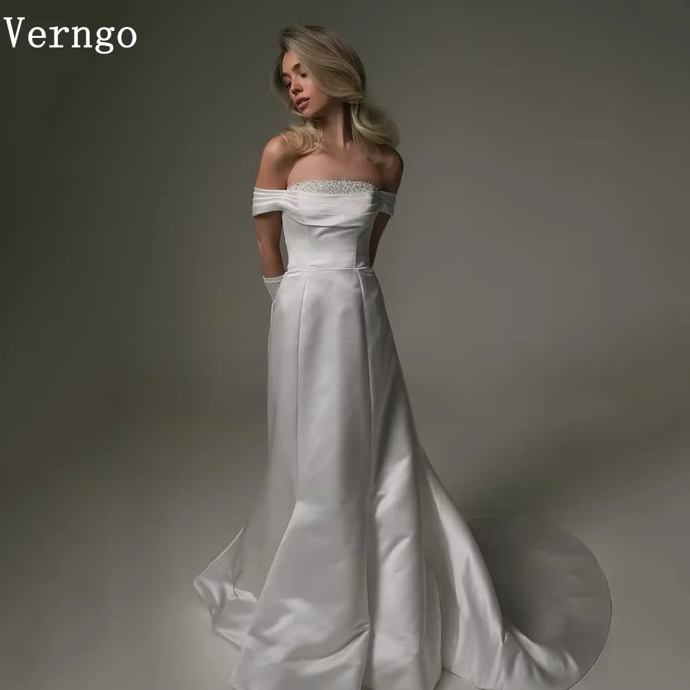 

Verngo lvory Satin Pearls Wedding Dress Off The Shoulder Mermaid Elegant Bride Dress Women Bow Back Slim Bridal Gown Customized