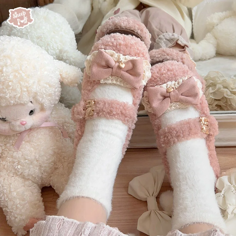 الخريف والشتاء فروي لطيف Bowknot حذاء فردي مع الدب الذيل الديكور لوليتا الشتاء الصوف لطيف حذا فردي للسيدات أحذية امرأة #4