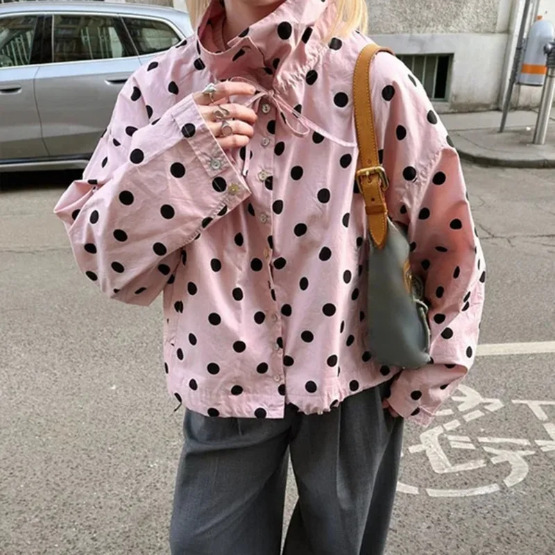 

Tuularose Women's Polka Dot Jacket Fashion Pink Contrast Lace-up Patchwork Casual Coats New Commuting Streetwear Women's Outwear